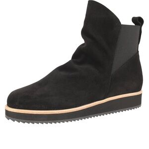 Patricia Green Black Suede Ankle Bootie with leather lining and tread sole.